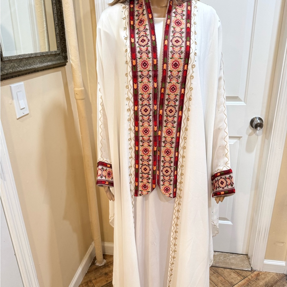 Embroidered High Low Dress - White and Red one size cardigan 58 inch long